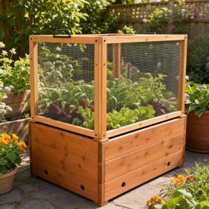 Raised Wooden Vegetable Planter With a Removable Crop Cage