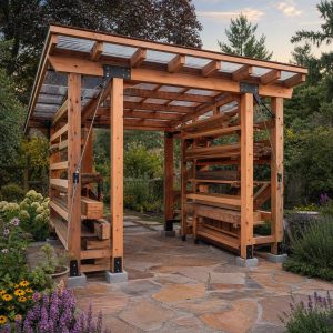 Garden Workshop Breezeway With Hanging Lumber Racks