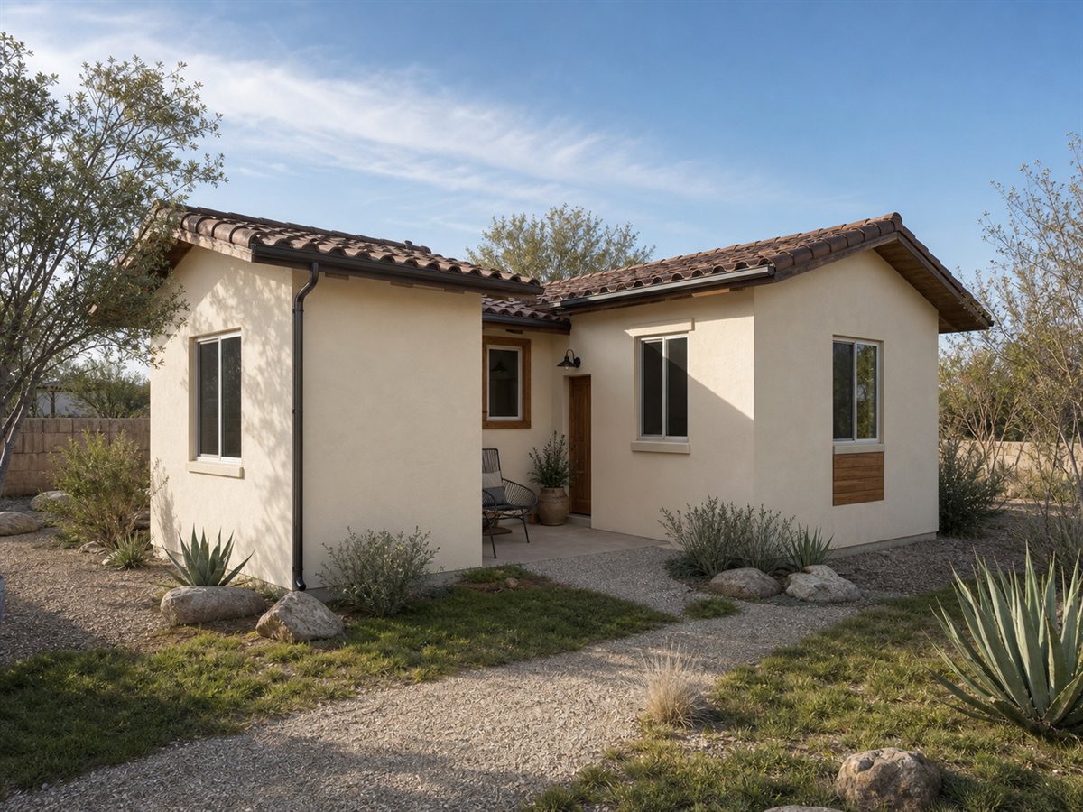 Mesa Court Casita 499, a conceptual 499-square-foot courtyard-entry casita with a $65,625 construction target
