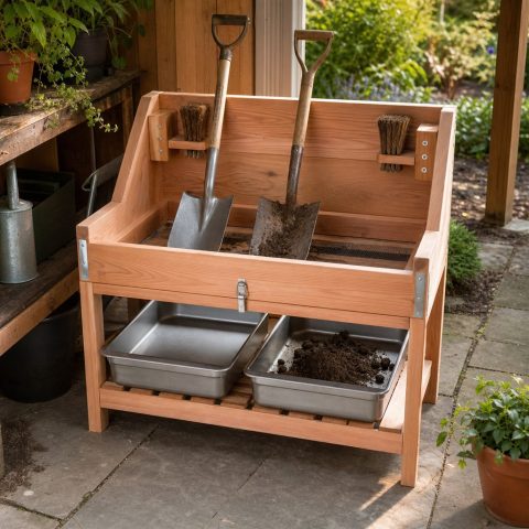 Cedar Spade and Shovel Cleaning Trough With Brush Holders