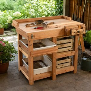Garden Tool Repair Bench With a Wooden Clamping Vise