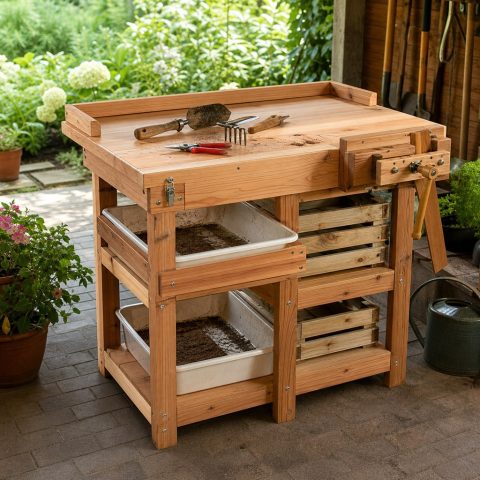Garden Tool Repair Bench With a Wooden Clamping Vise