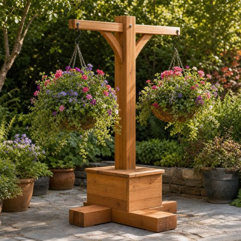 Freestanding Timber Hanging-Basket Stand With a Wide Base