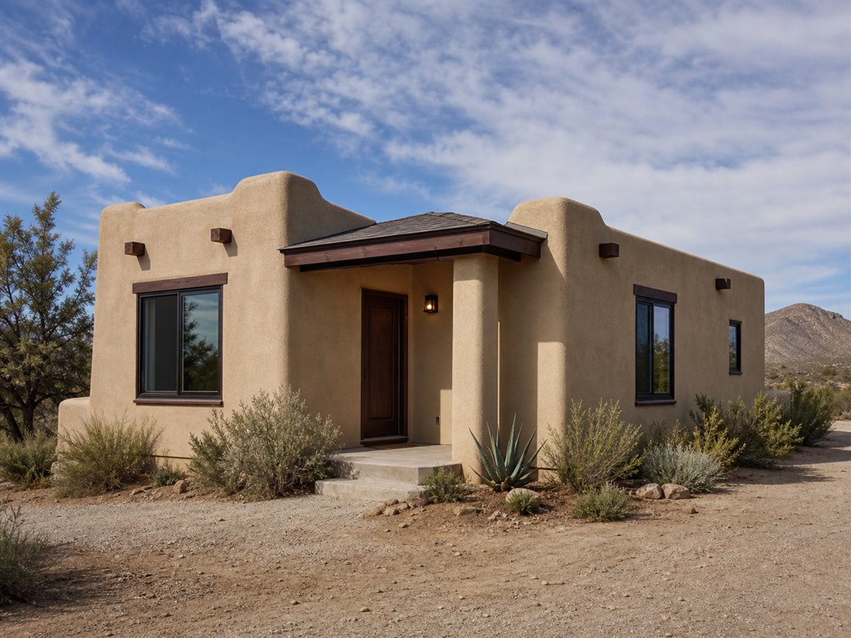 Adobe Hearth 531, a conceptual 531-square-foot adobe-inspired small cottage with a $66,625 construction target