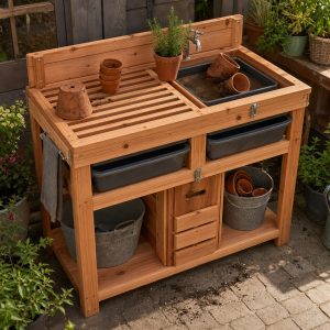 Cedar Pot-Washing Station With a Slatted Drainboard