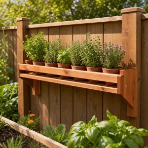 Wooden Fence-Rail Pot Shelf With Captured Planter Feet