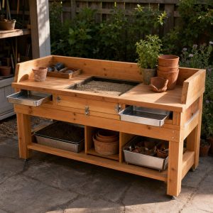 Garden Pot-Repair Bench With a Recessed Sand Tray