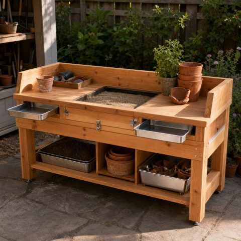 Garden Pot-Repair Bench With a Recessed Sand Tray