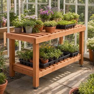Slatted Wooden Greenhouse Staging Bench With Two Levels