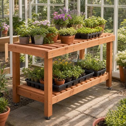 Slatted Wooden Greenhouse Staging Bench With Two Levels