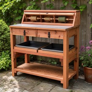 Cedar Twine-Cutting Bench With Protected Dispenser Rods