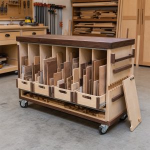 Lumber-Cutoff Cart With Length-Sorted Bins