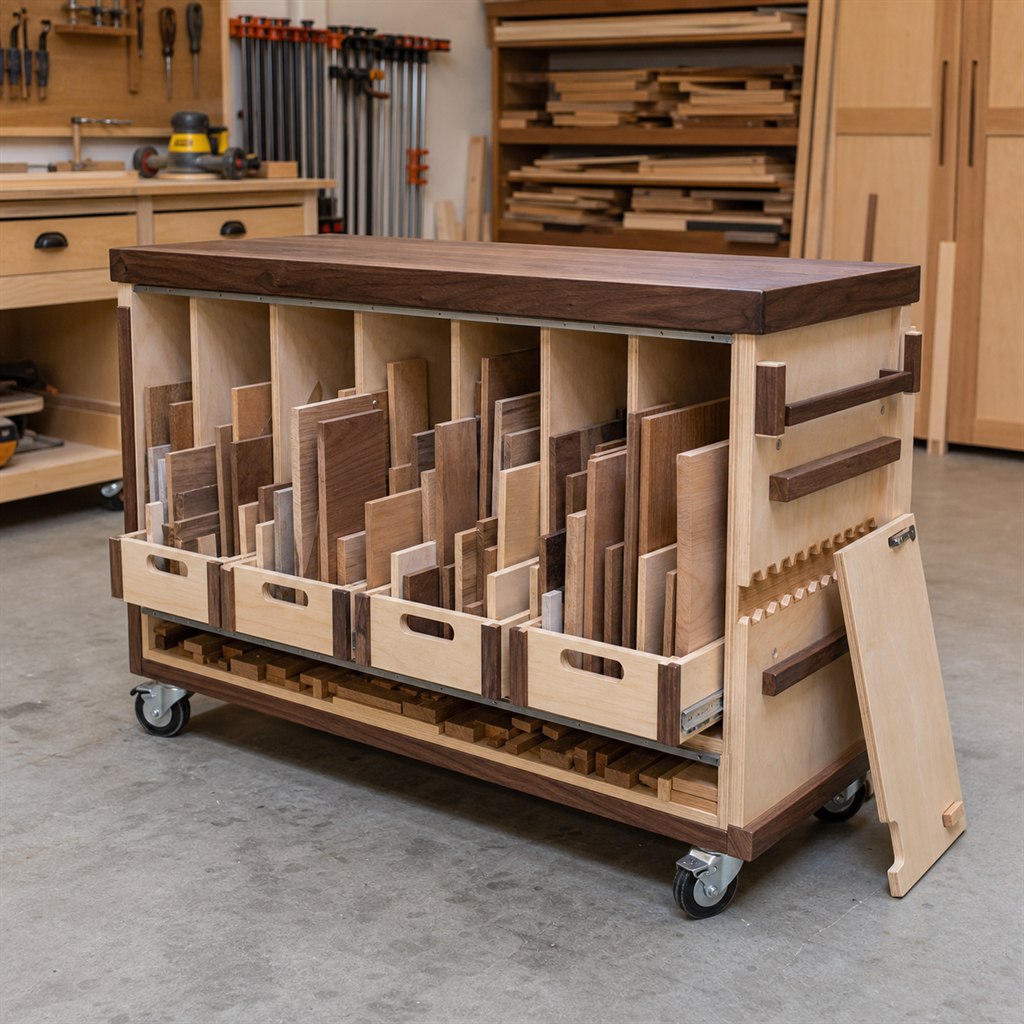 Lumber-Cutoff Cart With Length-Sorted Bins