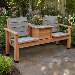 Two-Seat Conversation Bench With a Shared Planter Table