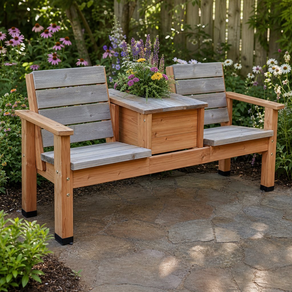 Two-Seat Conversation Bench With a Shared Planter Table