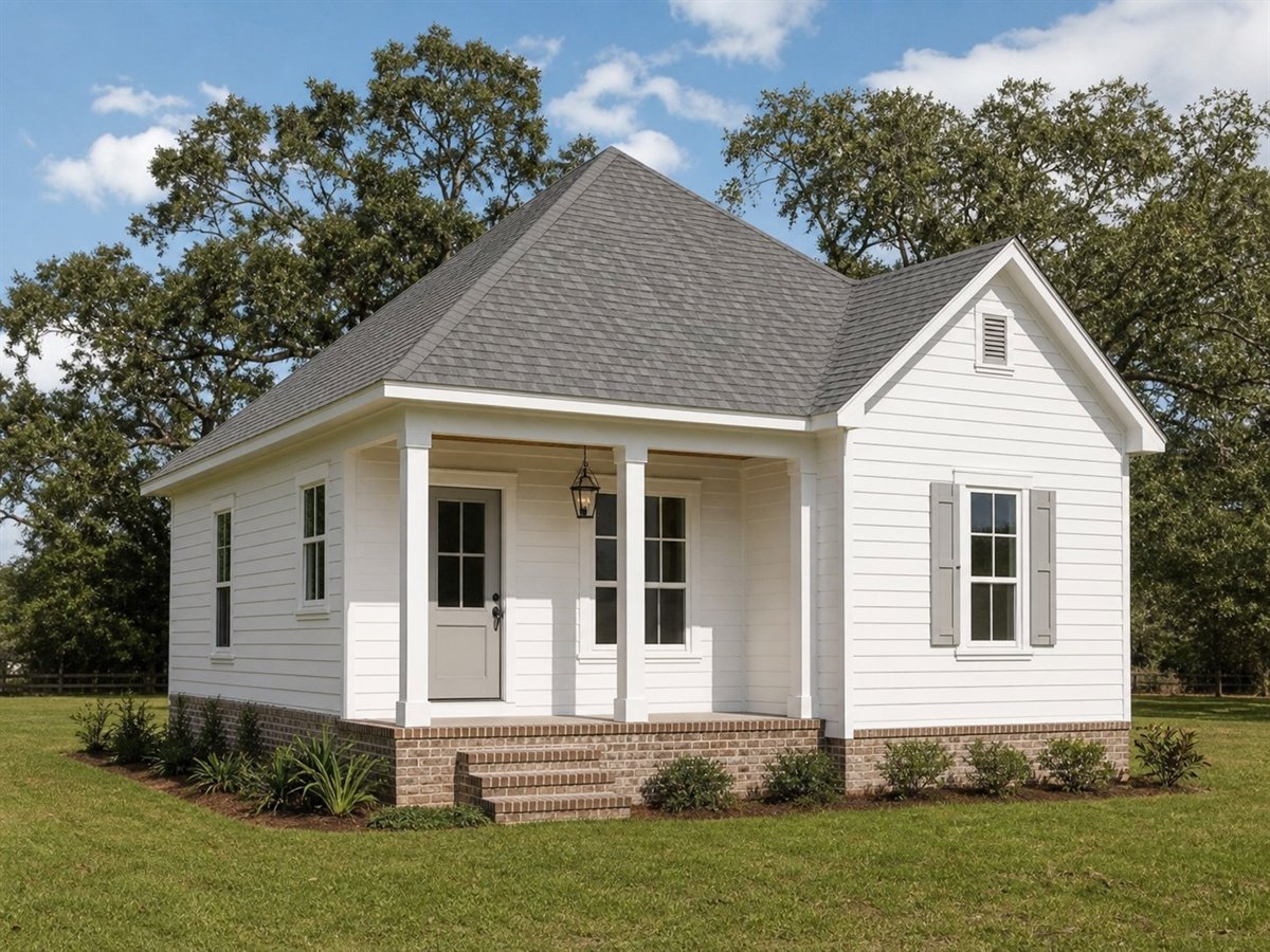 Bayou Field Cottage 534, a conceptual 534-square-foot small Acadian cottage with a $69,625 construction target