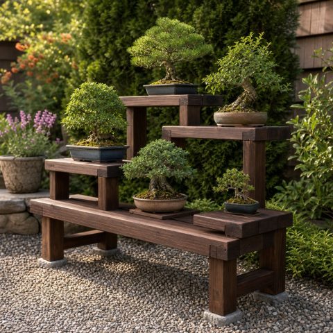 Japanese-Inspired Wooden Bonsai Display Bench