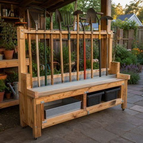 Long-Handle Tool Oiling Rack With a Catch Tray