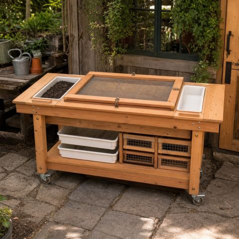 Garden Netting Repair Table With a Captured Work Frame