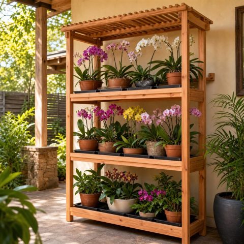Wooden Orchid Shade Shelf With a Slatted Roof