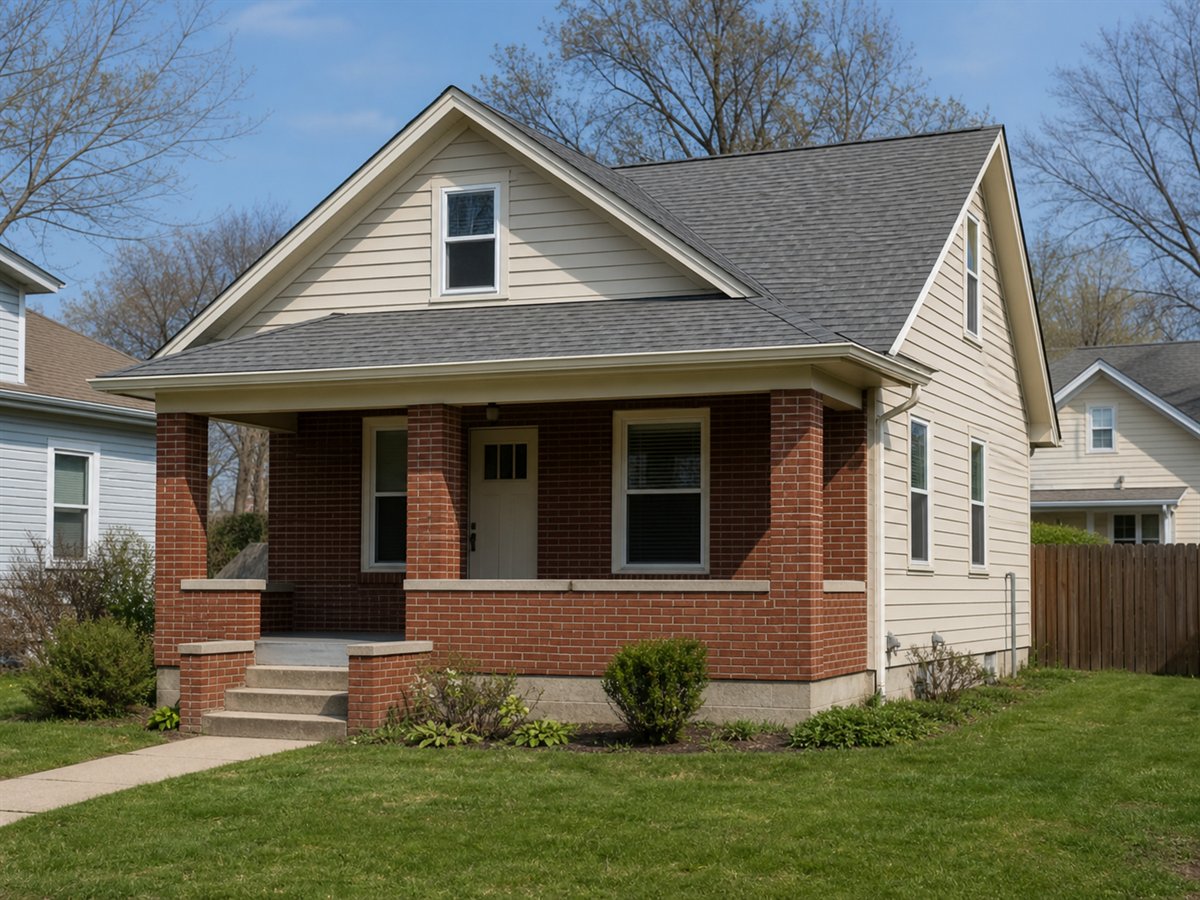 Briar Starter Bungalow 537, a conceptual 537-square-foot brick-accent starter bungalow with a $71,625 construction target