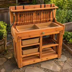 Cedar Drip-Line Flushing Rack With Hose Guides