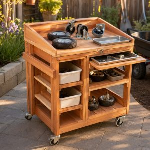 Cedar Wheel and Caster Service Stand for Garden Carts