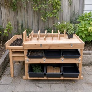 Plant-Support Assembly Bench With Repeating Spacing Jigs