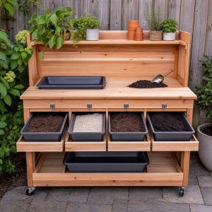 Potting-Mix Measuring Station With Graduated Bins
