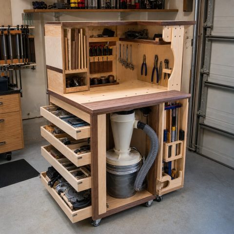 Corner Workbench With an Integrated Dust-Separator Bay
