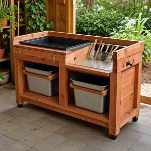 Outdoor Brush-Cleaning Station With a Sloped Drain Shelf