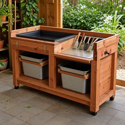 Outdoor Brush-Cleaning Station With a Sloped Drain Shelf