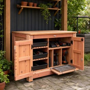 Outdoor Tool-Charging Cabinet With Ventilated Shelves