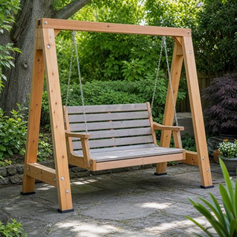 Porch Swing Seat With a Freestanding Timber Frame