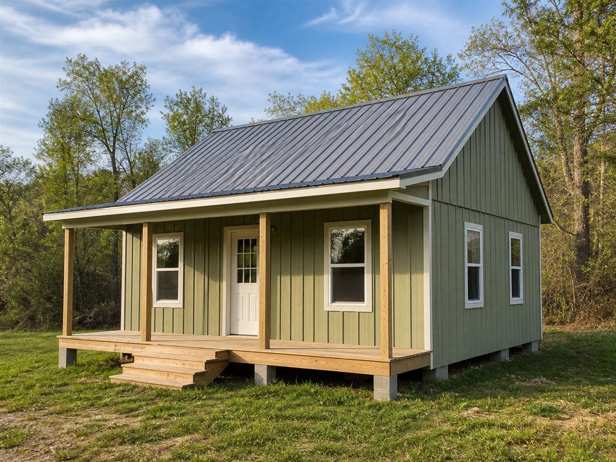 Cedar Porch 650, a conceptual 650-square-foot compact front-porch cottage with a $87,000 construction target