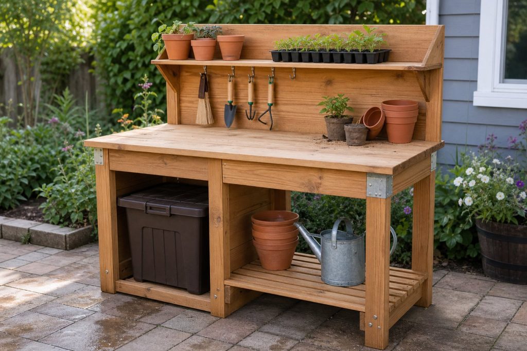 DIY Potting Bench Plans With Shelves and Soil Storage