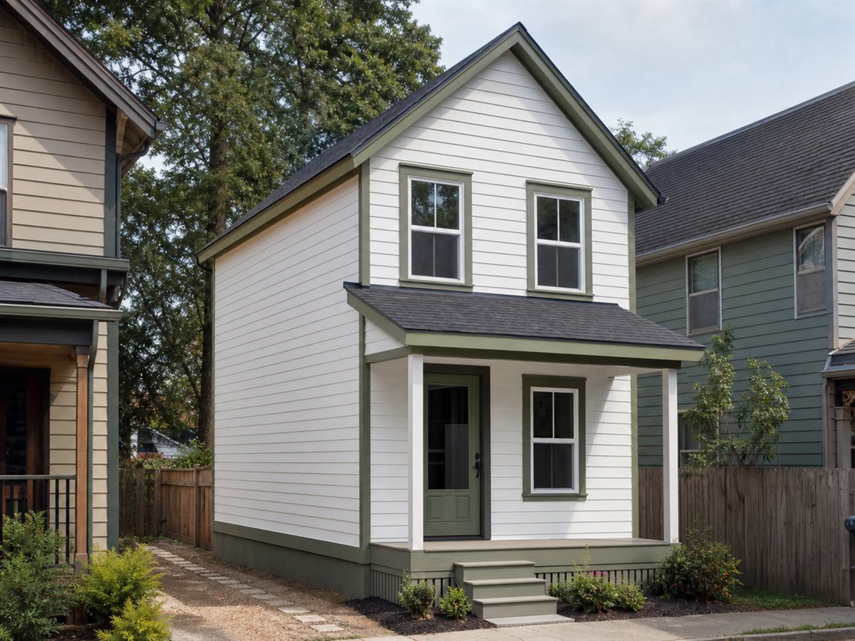 Laneway Cottage 571, a conceptual 571-square-foot narrow-lot small cottage with a $74,625 construction target