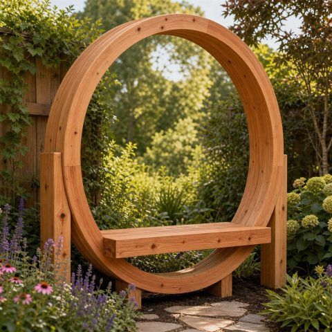 Wooden Moon-Gate Garden Seat With a Circular Frame