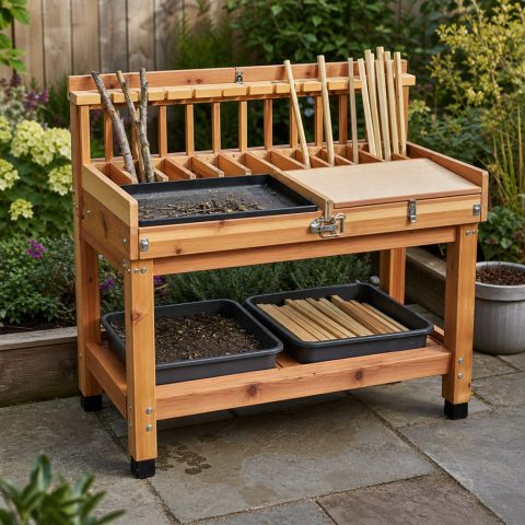 Cedar Plant-Stake Cutting Rack With Length Stops