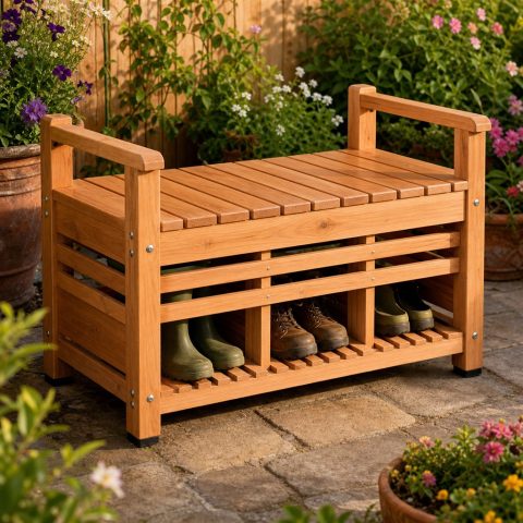Cedar Storage Bench With Ventilated Garden-Shoe Bays