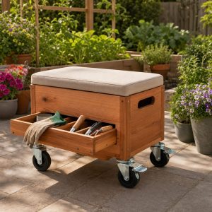 Rolling Wooden Garden Work Seat With Tool Storage