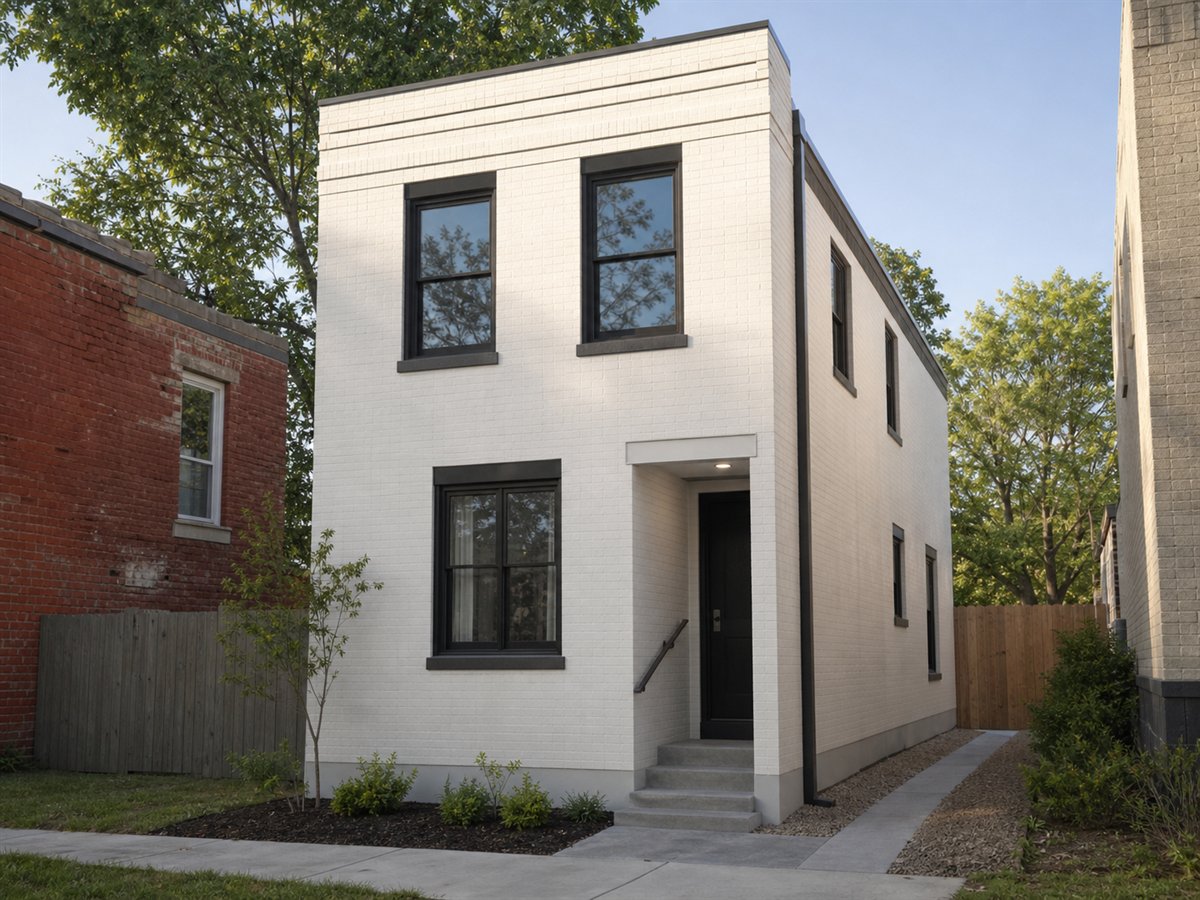 Row Garden House 574, a conceptual 574-square-foot rowhouse-inspired detached small home with a $77,625 construction target