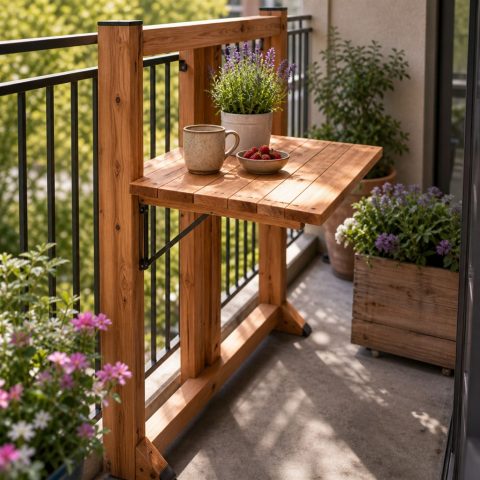 Fold-Down Wooden Balcony Rail Table With Independent Supports