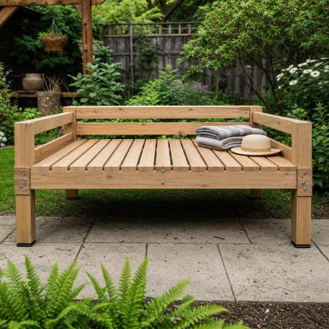 Wide Garden Daybed With a Slatted Drying Platform