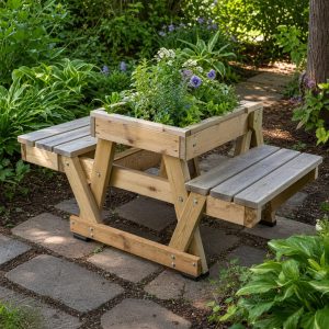 Folding Picnic Bench With a Removable Center Planter
