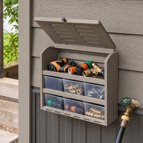 Garden Hose Nozzle Cabinet With Draining Shelves