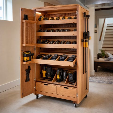 Cordless-Tool Charging Cabinet With Ventilated Bays