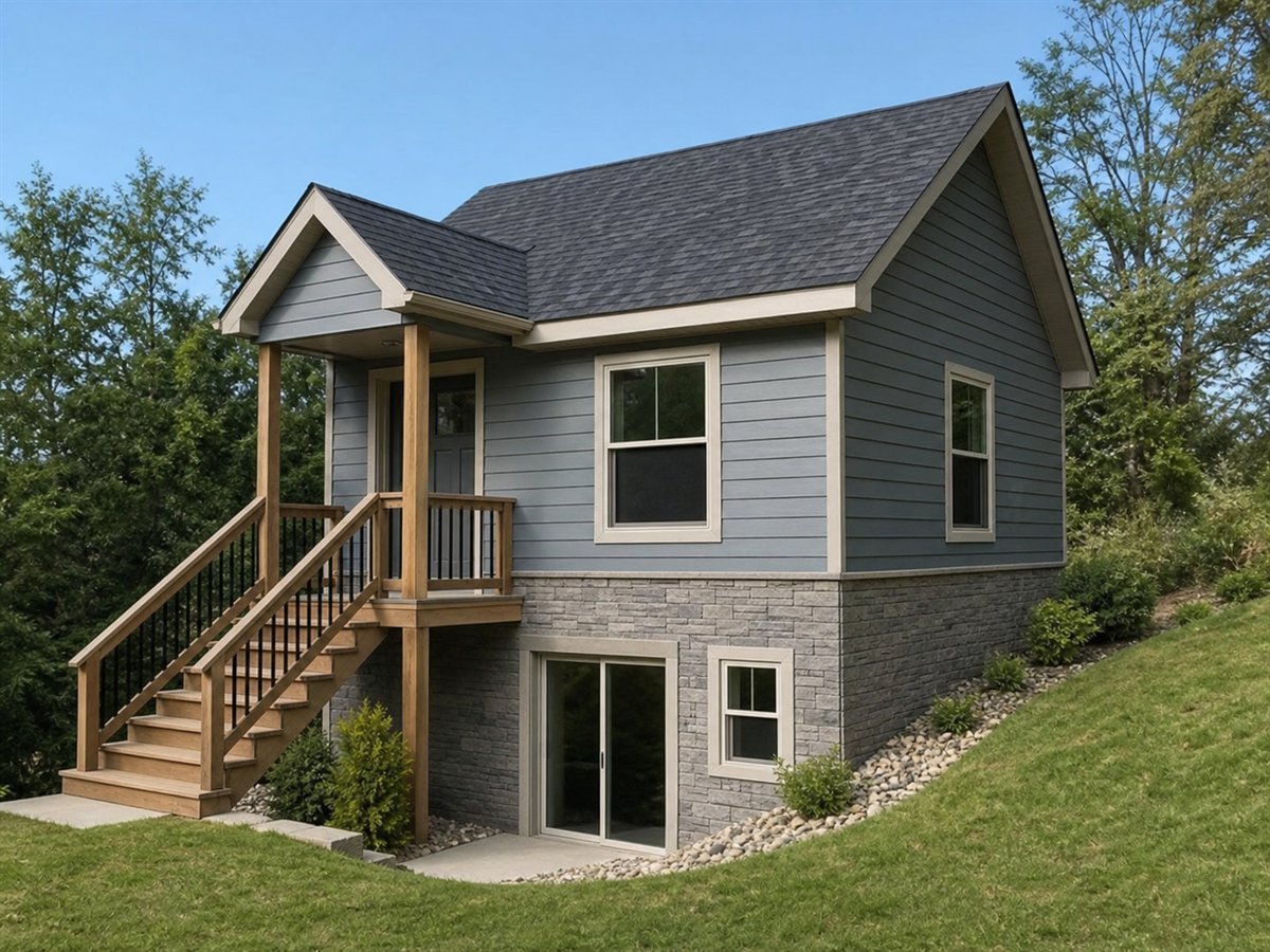 Daylight Nook 578, a conceptual 578-square-foot daylight-basement cottage with a $80,625 construction target