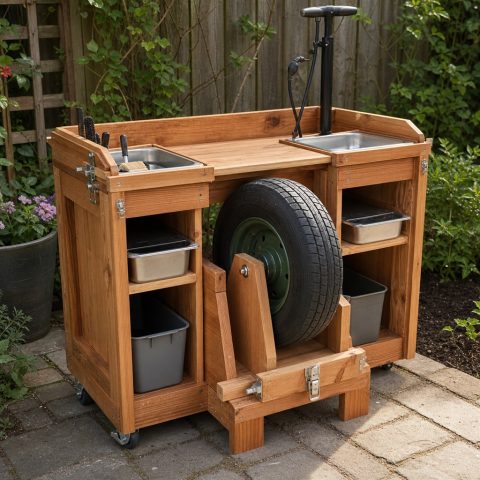 Garden Cart Tire-Pump Station With a Stable Wheel Cradle