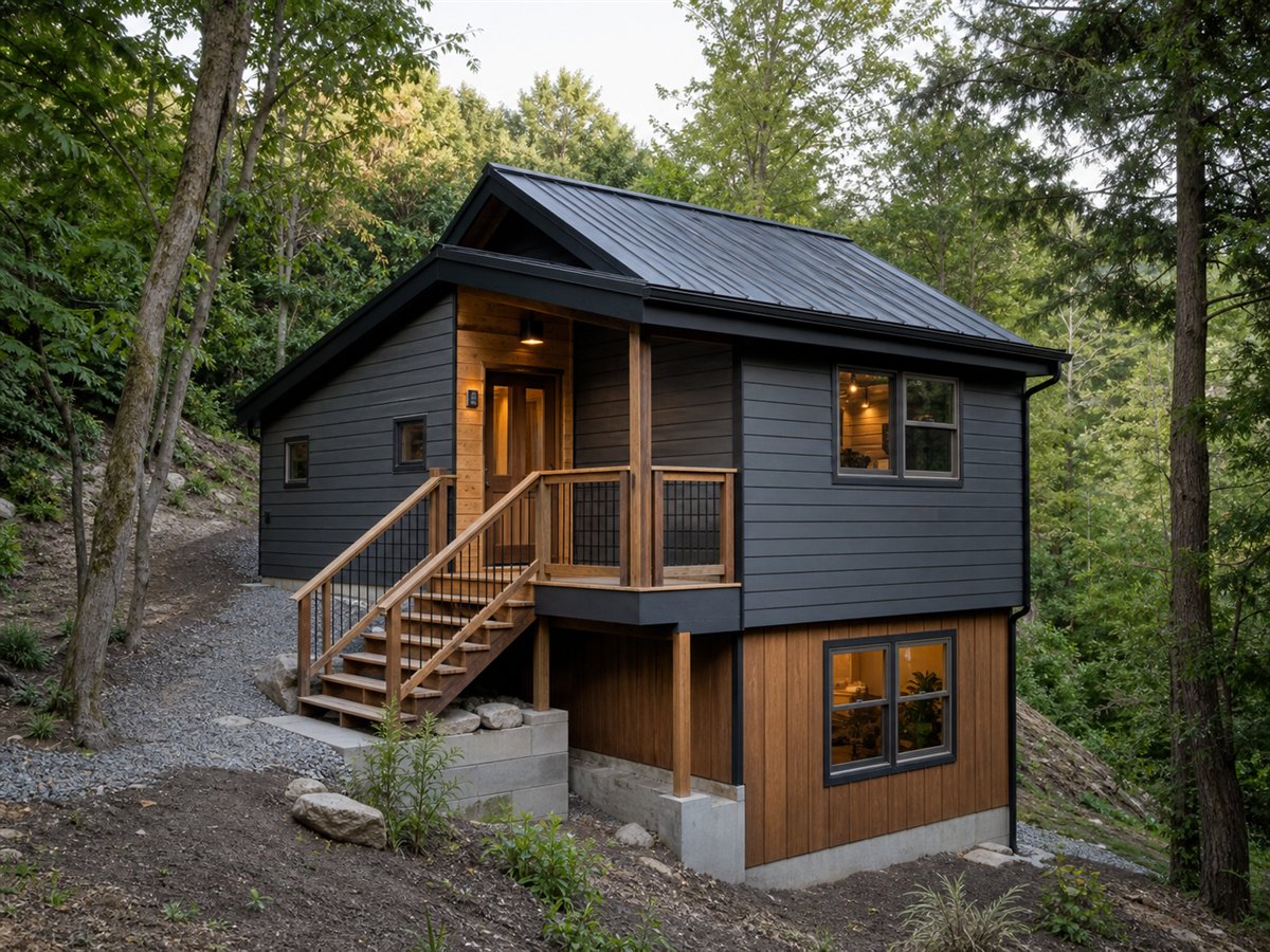 Terrace Cabin 579, a conceptual 579-square-foot small hillside cabin with a $81,625 construction target